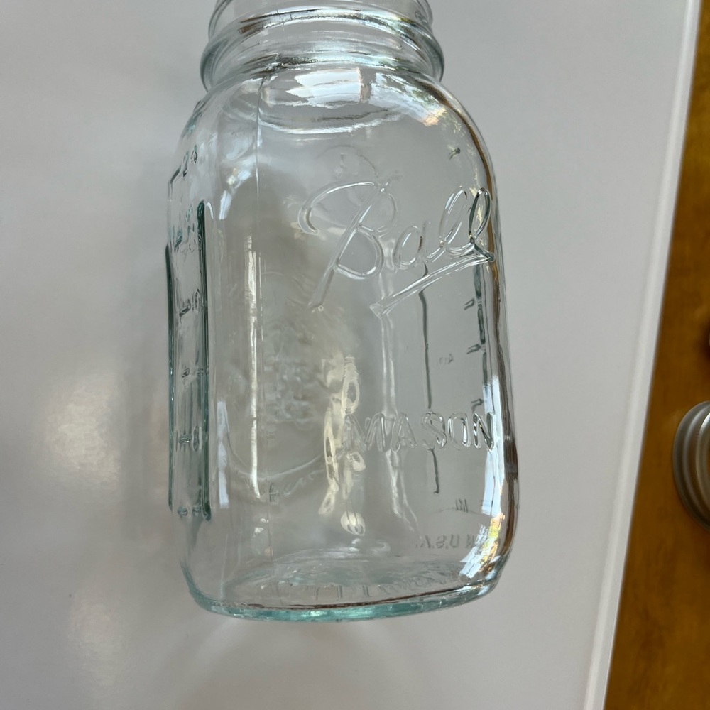 Ball Mason Jar with fruit pattern and bottom Ball logo Genuine Sculptured Glass